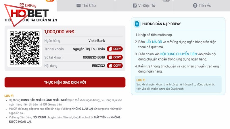 Quy trình nạp tiền HDBET bằng tài khoản đơn giản chỉ với 4 bước đơn giản