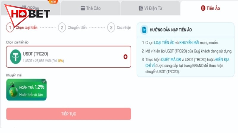 Chọn loại tiền ảo USDT (TRC20)