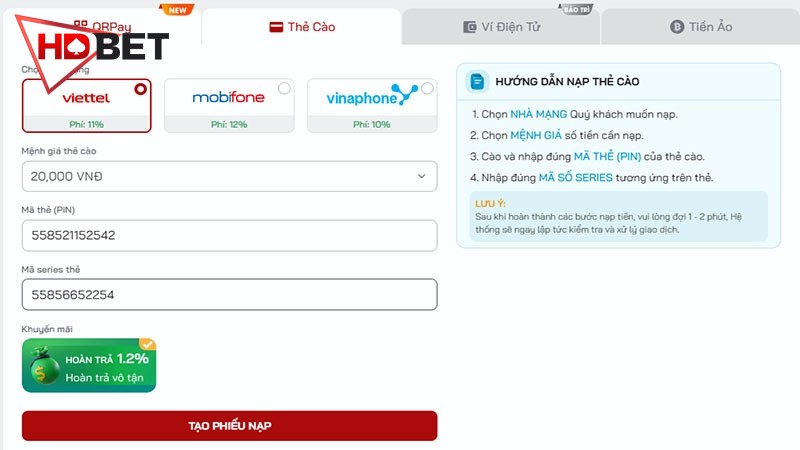 Nhập đầy đủ các thông tin nạp tiền bằng thẻ cào