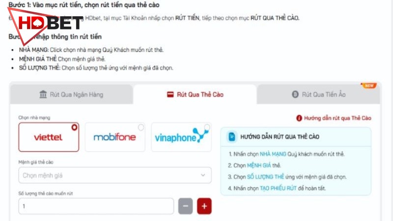 Hướng dẫn các bước rút tiền HDBET qua thẻ cào điện thoại