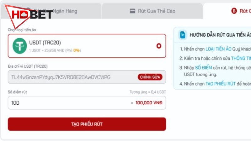 Hướng dẫn các bước rút tiền HDBET bằng tiền ảo